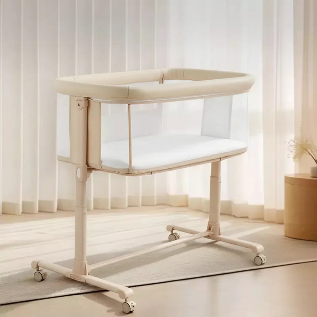 Babywiegje met wielen – beige / grijs / roze, wiegje naast het bed, voor 1 baby