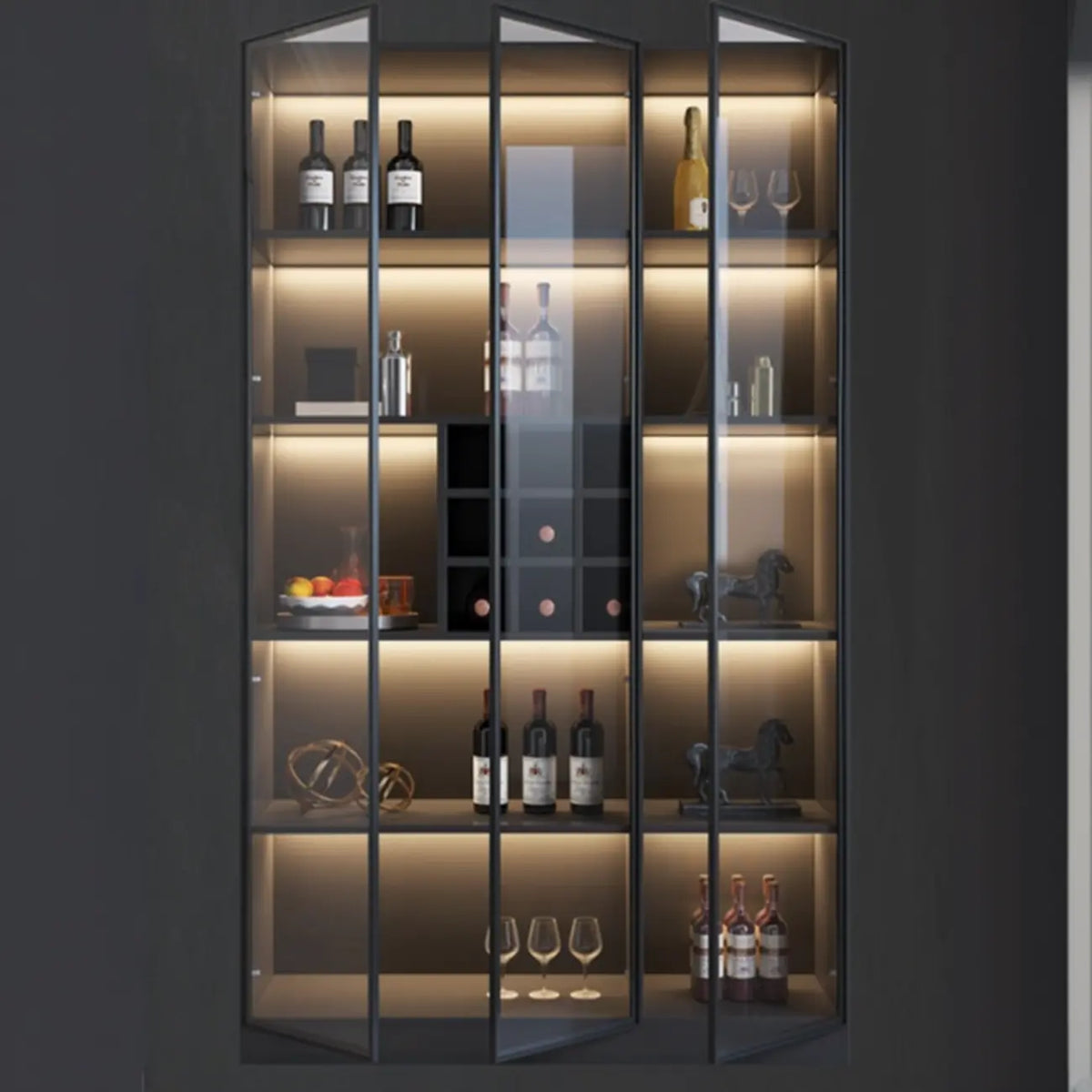Minimalistischer schwarzer Weinschrank aus Holz mit Glastür