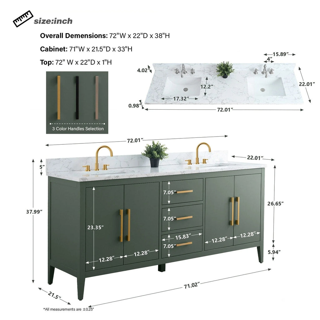 Vanity Art 72 badkamermeubel met dubbele wastafel en blad van composietmarmer