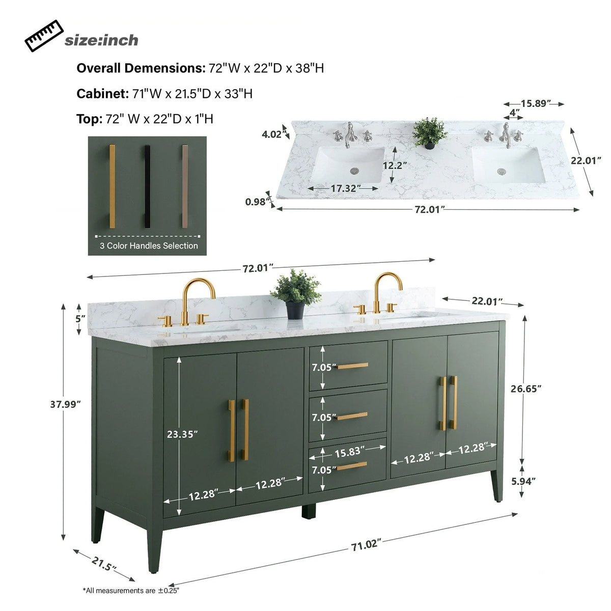 Vanity Art 72 badkamermeubel met dubbele wastafel en blad van composietmarmer