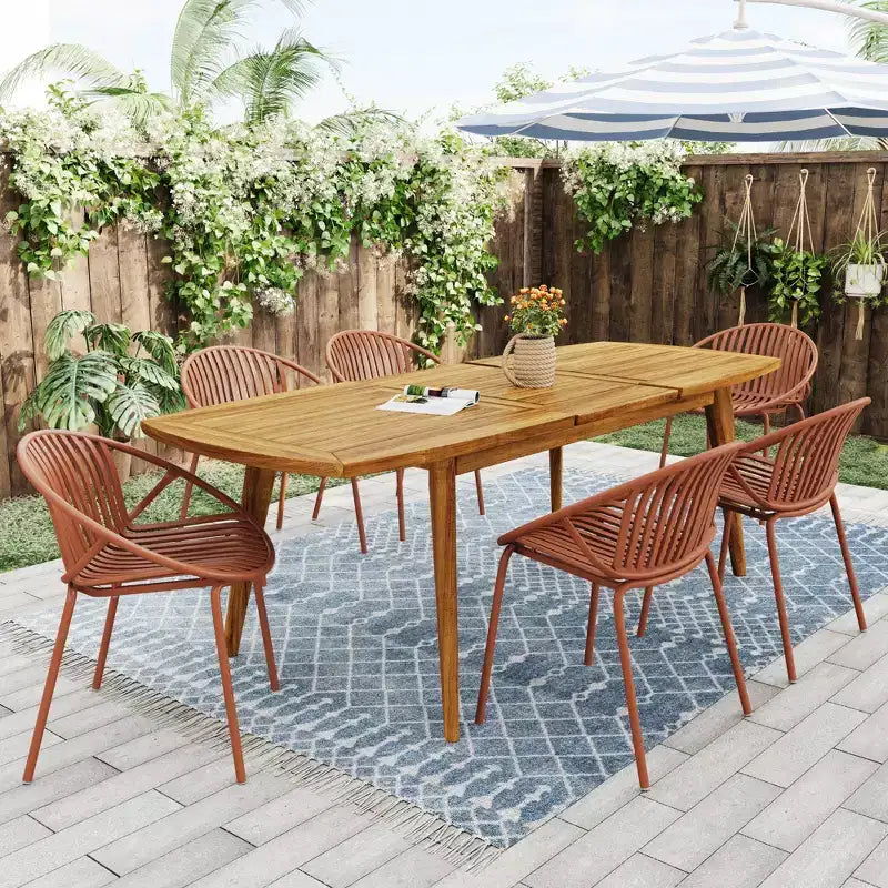 7-delige uitschuifbare tuin-eetset met stapelbare stoelen en acaciahouten tafel