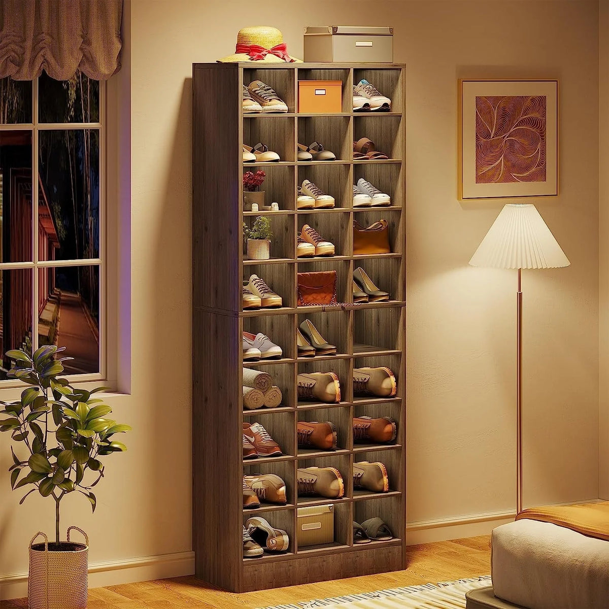 Hoge schoenenkast voor 30 paar schoenen, 10 etages, wit houten schoenenrek voor kledingkast en hal - 10 etages