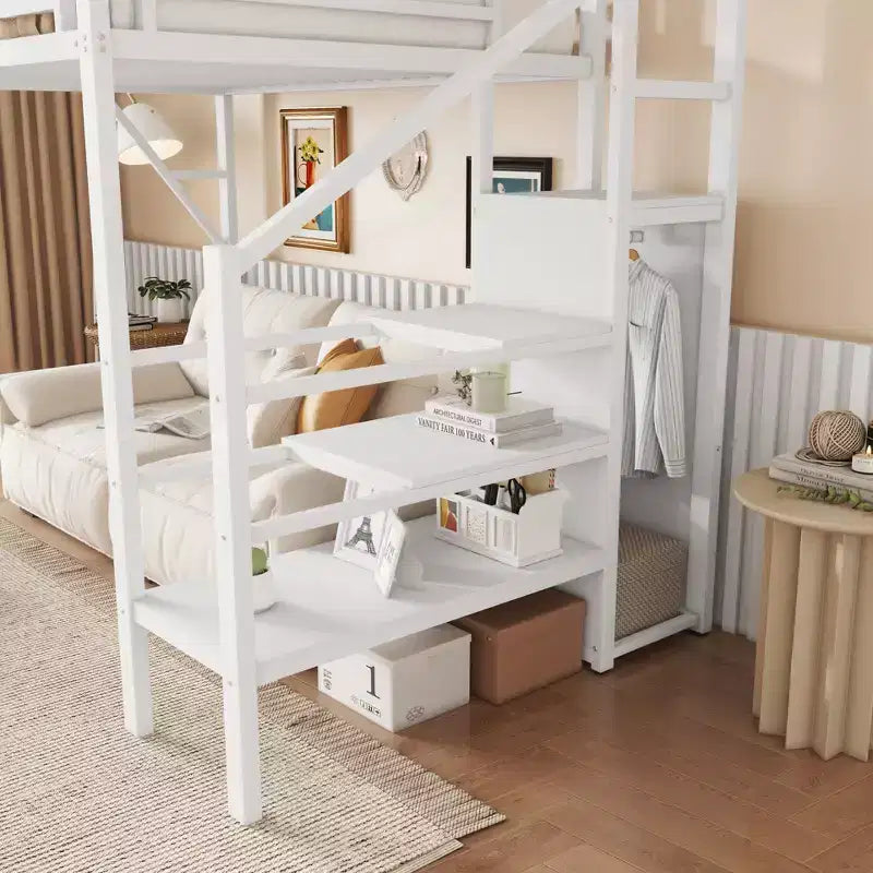 Okak hoogslaper van 239 cm voor een eenpersoonsbed met kledingkast, eenpersoonsbed met opbergplanken en mand, bedframes voor slaapkamer en studentenhuis