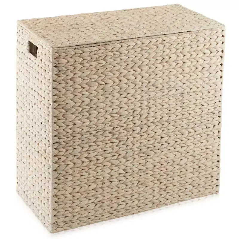 Casafield 2-Section Laundry Hamper with Lid and Removable Liner Bags, Woven Water Hyacinth Laundry Basket Sorter for Clothes