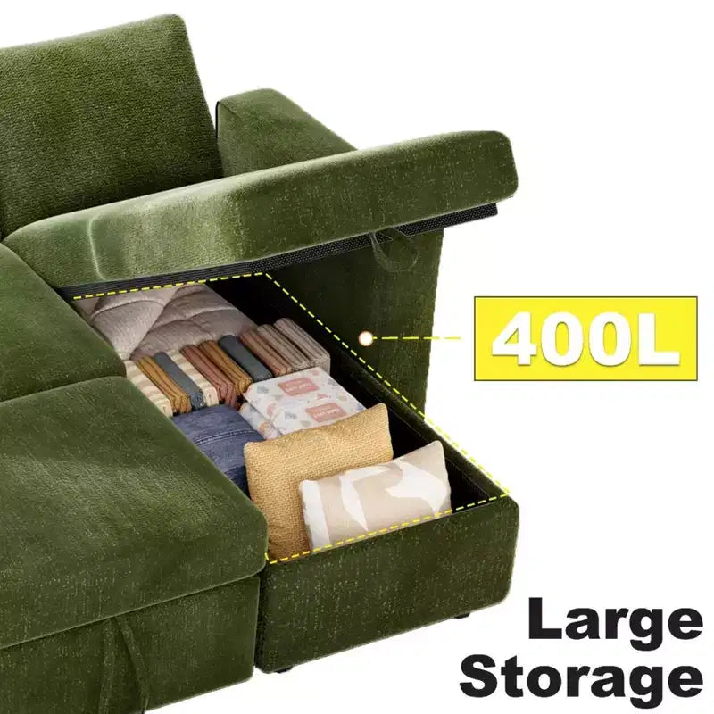 2-in-1-Ausziehsofa mit Stauraum und Ottomane, Chenille-Ecksofa mit USB-Anschlüssen für das Wohnzimmer