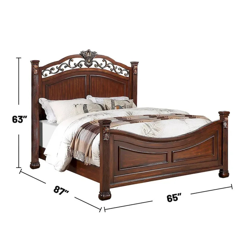 Lit en bois avec tête de lit ouvragée, coloris cerisier foncé