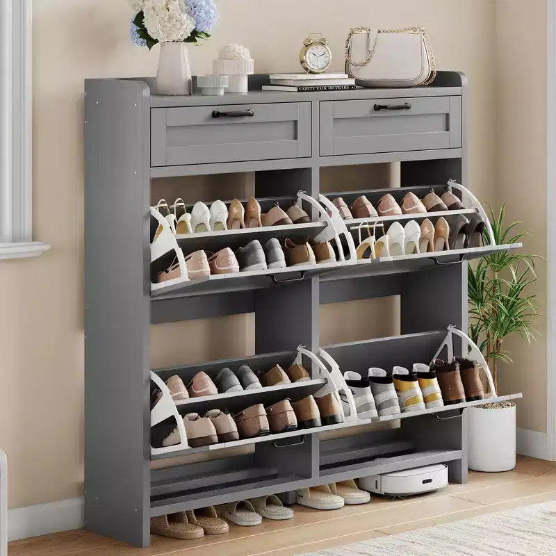 Schuhschrank mit 4 Klappschubladen und 2 oberen Schubladen, hölzerner Schuhorganizer-Schrank mit verstellbarem Regal, freistehende Schuhaufbewahrungsschränke