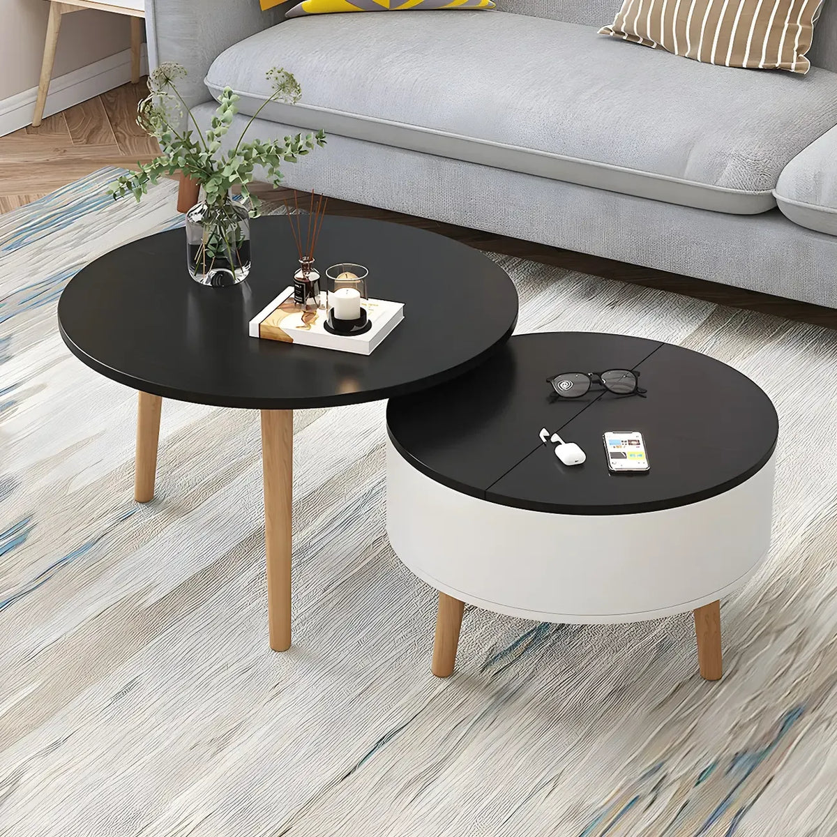 Black White Modern Round Wood Coffee Table with Storage