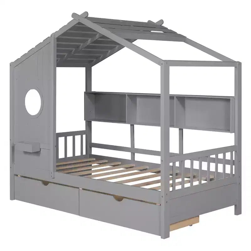 Holzhausbett in Twin-/Full-Größe mit 2 Schubladen, Kinderbett mit Ablagefach – ModernLuxe