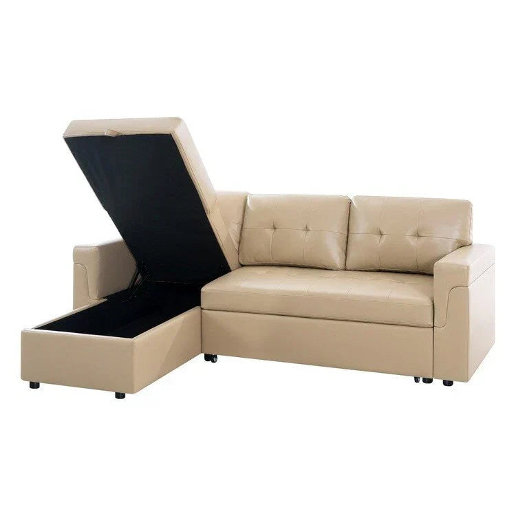 Divano componibile reversibile trasformabile con letto estraibile, chaise longue con contenitore nascosto e gambe resistenti