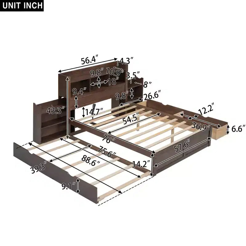 Eenpersoons platformbed met opbergruimte, uitschuifbed, boekenkasthoofdbord en oplaadstation, houten bedframe met planken en laden