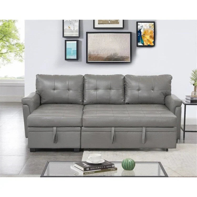 Divano componibile reversibile trasformabile con letto estraibile, chaise longue con contenitore nascosto e gambe resistenti