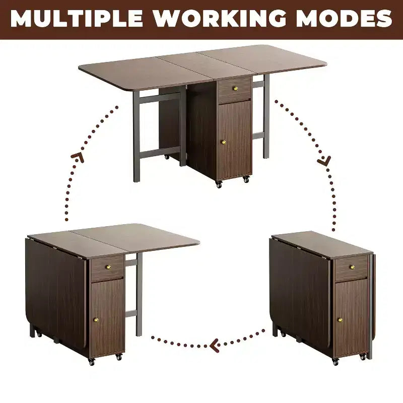 ATJafurn 59'' Foldable Dining Table with Drop Leaves for Small Space, Rectangular Wooden Extendable kitchen Table with Wheels and Storage