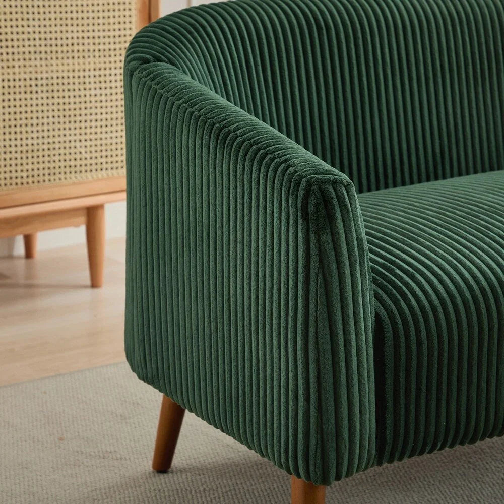 2-zitsbank met bekleding van corduroy en houten poten in walnootkleur