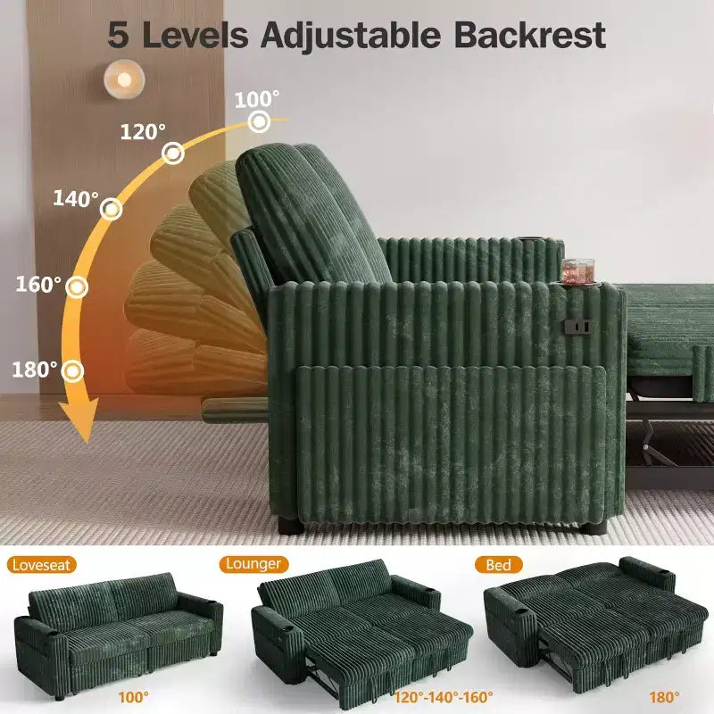Dyonery 91-delige slaapbank met chaise longue en uitschuifbaar bed, verstelbare rugleuning/twee uitschuifbare bedden/USB-poorten/bekerhouders, zacht corduroy