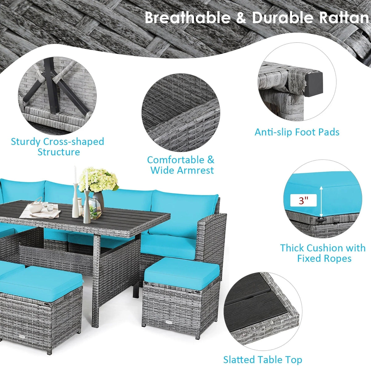 Costway 7-delige eethoek voor de patio van rotan, modulaire bank, fauteuil en voetenbank - Bekijk de details