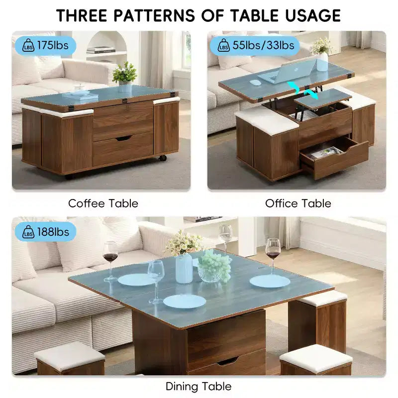 Table basse moderne multifonctionnelle relevable avec rangement dissimulé, 4 tabourets et roulettes, idéale pour les espaces de vie modernes