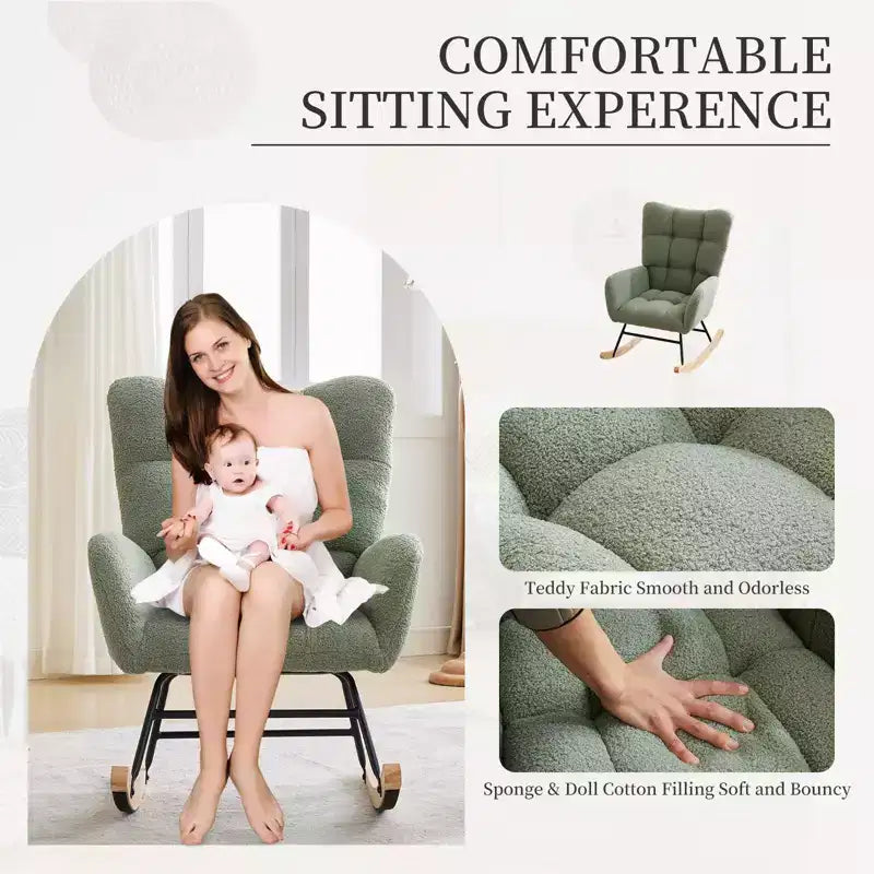 Nursery Rocking Chair, Living Room Glider Rocker for Breastfeeding, Comfy Accent Chairs for Bedroom, Plush Teddy Upholstered Armchairs Indoor