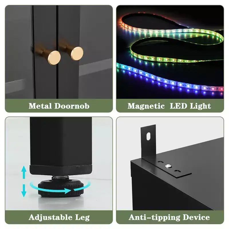 Bekrvio 67 inch hoge vitrinekast met glas aan 3 zijden en ledverlichting, 5 opberglagen met dubbele deuren en metalen frame voor verzamelobjecten, ideaal voor kleine ruimtes