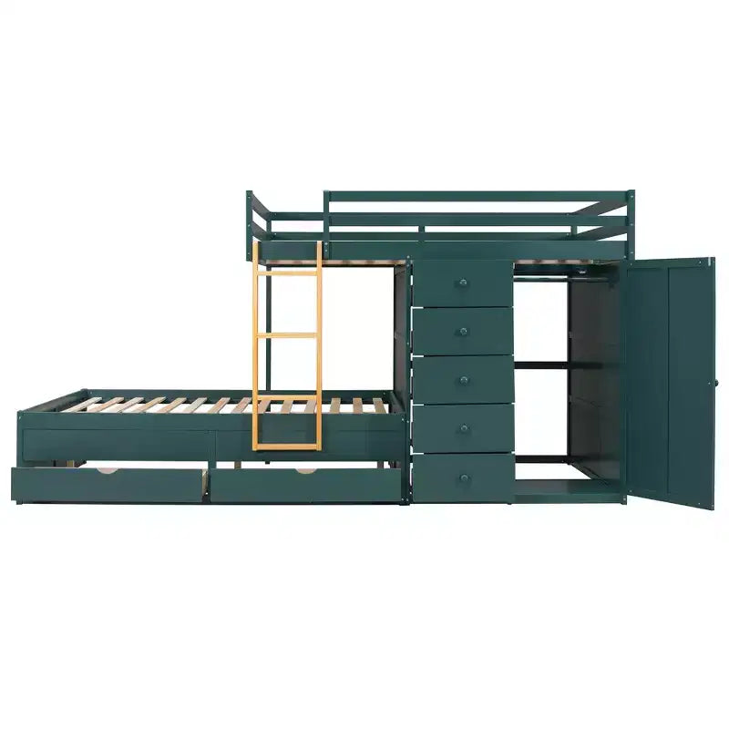 Full over Full Bunk Bed with Storage Wardrobe and Drawers, Full Size Wood Space-Saving Bunk Bed with Guardrail for Apartment, Bedroom