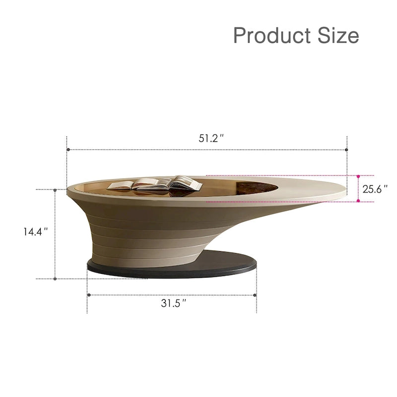 Licht luxueuze, moderne, minimalistische ovale salontafel met glazen tafelblad en grijze basis, 51 inch - L 51,18' B 25,59' H 14,37'