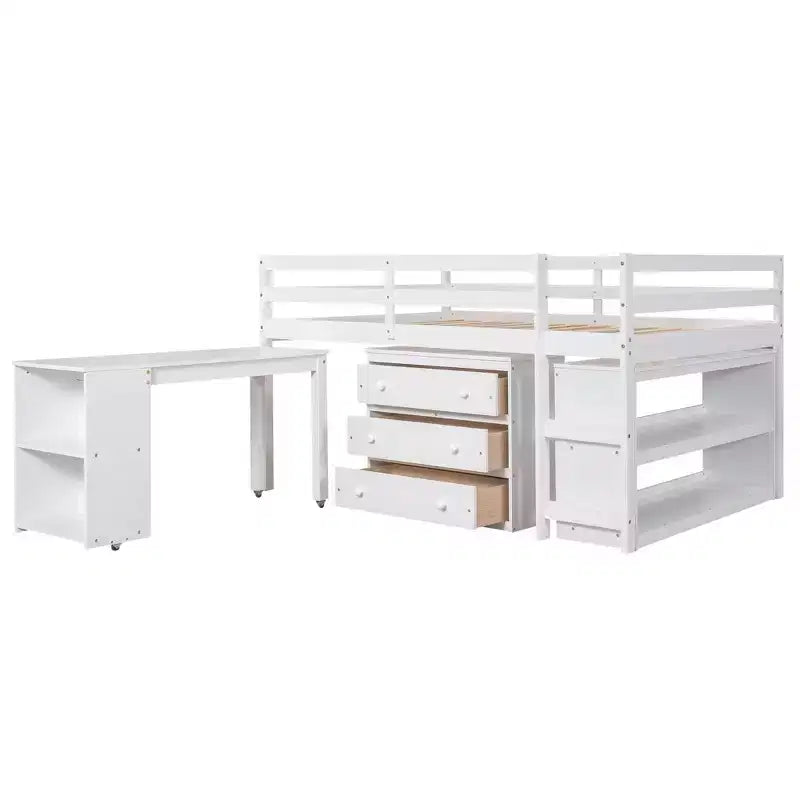 Full Size Low Loft Bed with Rolling Desk, 3 Drawers and Shelves