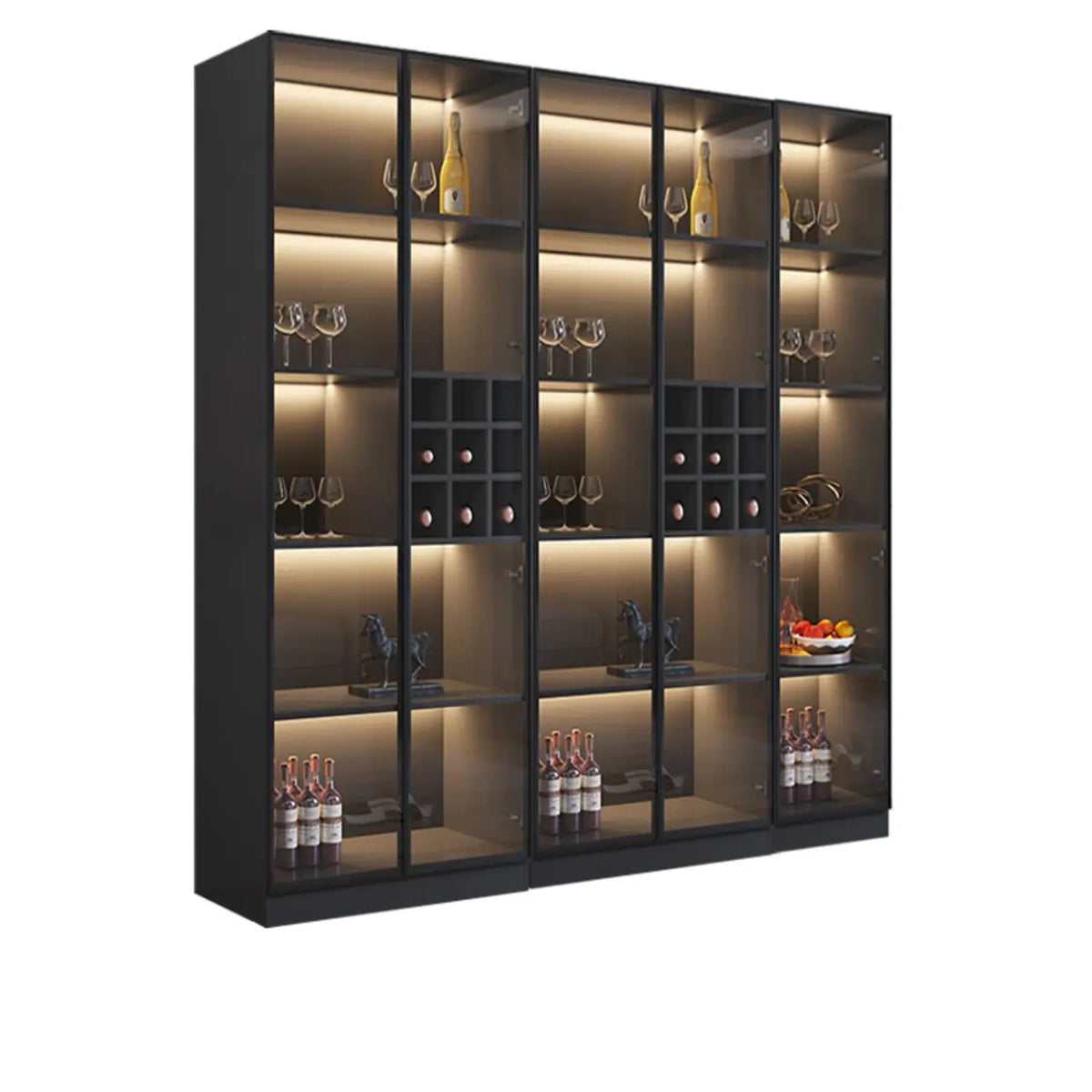 Minimalistischer schwarzer Weinschrank aus Holz mit Glastür