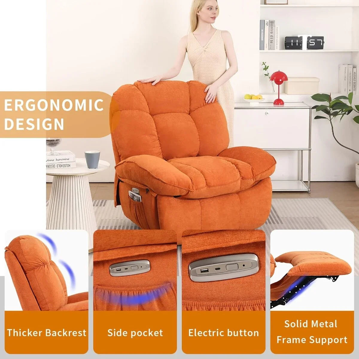 XINMICS draaibare elektrische relaxstoel, massagestoel met schommelstand, verwarming, USB, USB-C en zijvak