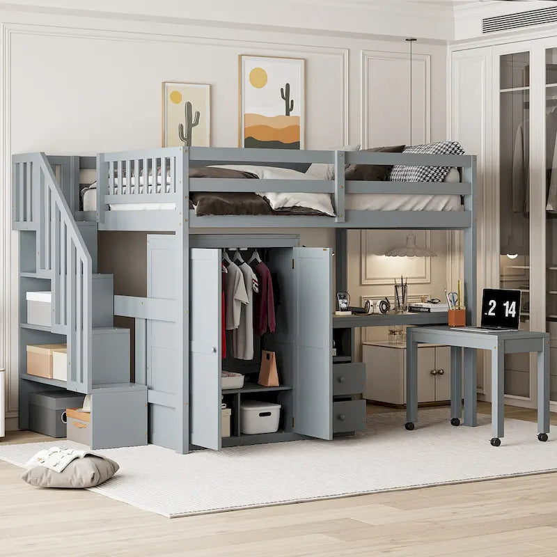 Hochbett in Full-Size mit Treppe, Bücherregal, Schreibtisch und Kleiderschrank – platzsparendes Multifunktionsmöbel für Kinder und Jugendliche – Weiß