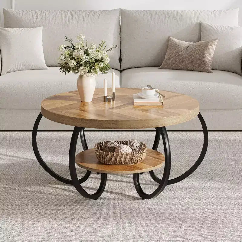 Table basse ronde industrielle de 30 pouces à 2 niveaux avec pieds réglables, étagère effet bois, motif de flammes, montage facile, salon