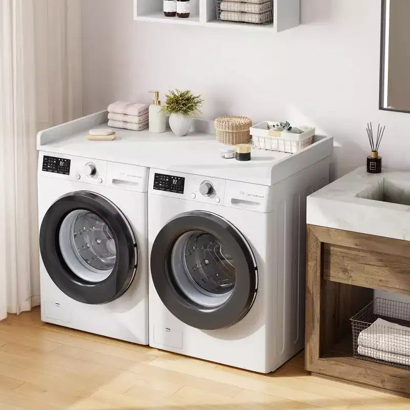 Aanrechtblad voor wasmachine en droger, wasruimteblad met opstaande rand en antislipmat voor opbergruimte voor wasmanden en organisatie van de wasruimte