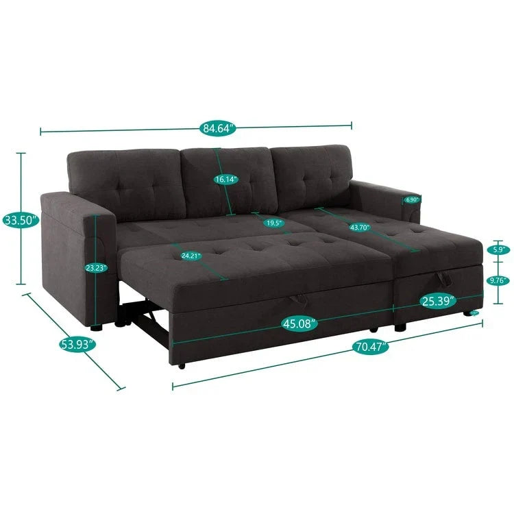 Divano componibile reversibile trasformabile con letto estraibile, chaise longue con contenitore nascosto e gambe resistenti