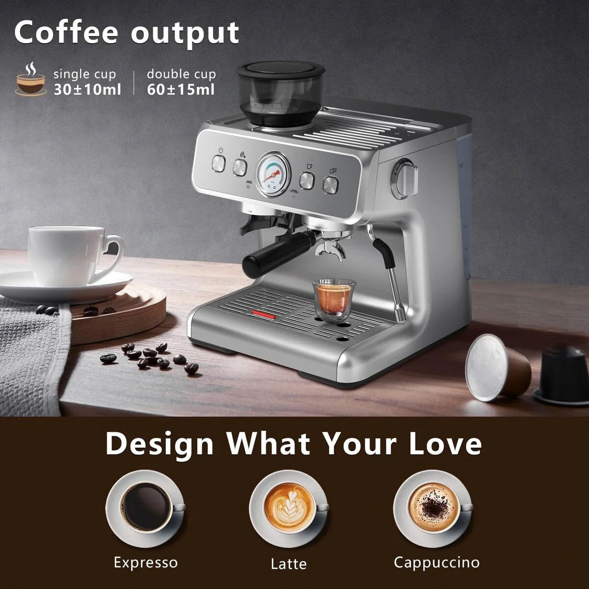Halfautomatische koffiemachine met intelligente temperatuurregeling en heetwaterfunctie, 30 maalstanden