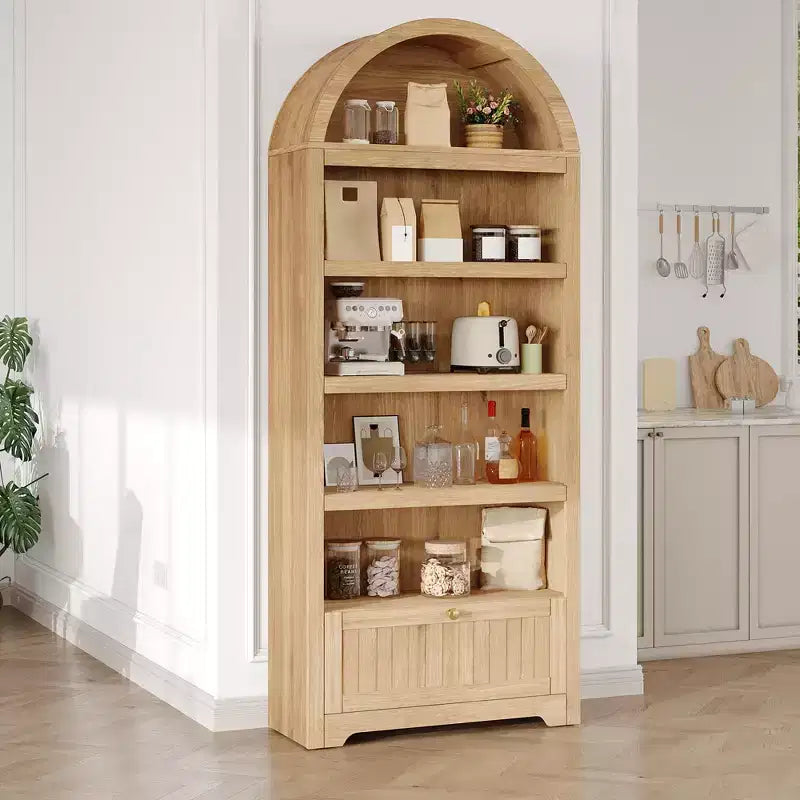Łukowy regał na książki 72-calowy z szufladą, nowoczesna drewniana szafka ekspozycyjna z 6 poziomami, otwartymi półkami i dolną szufladą, z zaokrąglonymi drzwiami