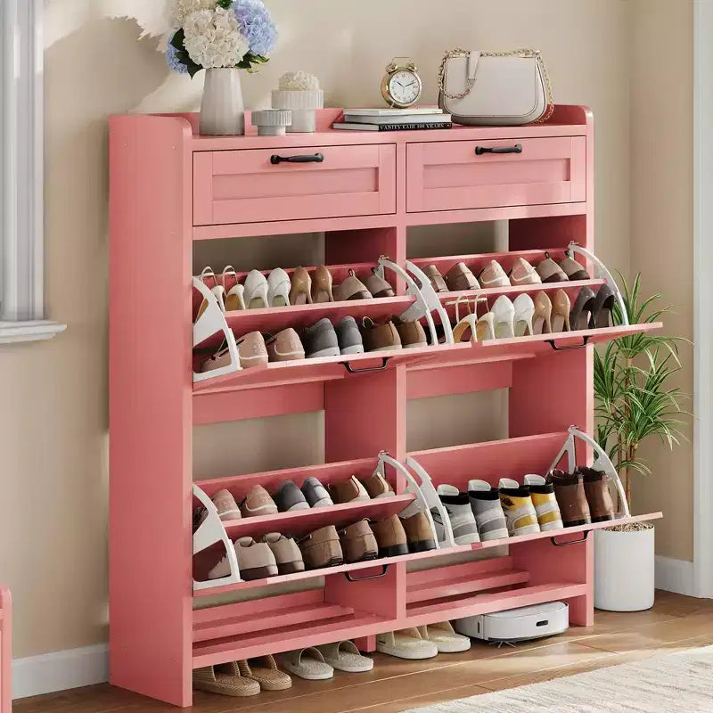 Schuhschrank mit 4 Klappschubladen und 2 oberen Schubladen, hölzerner Schuhorganizer-Schrank mit verstellbarem Regal, freistehende Schuhaufbewahrungsschränke