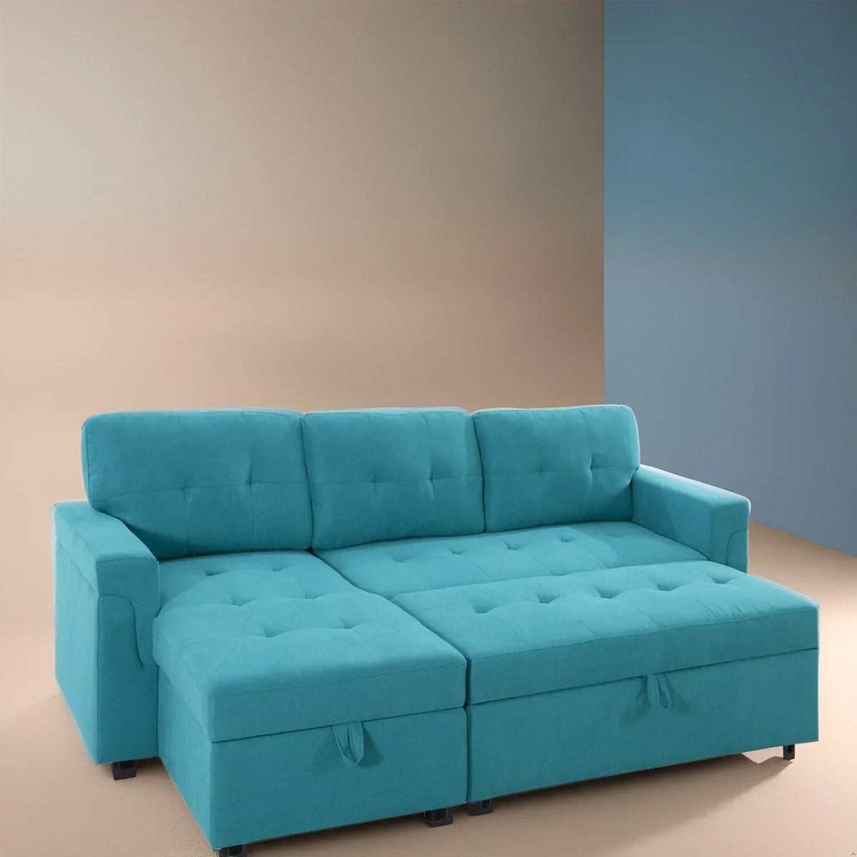 Divano componibile reversibile trasformabile con letto estraibile, chaise longue con contenitore nascosto e gambe resistenti