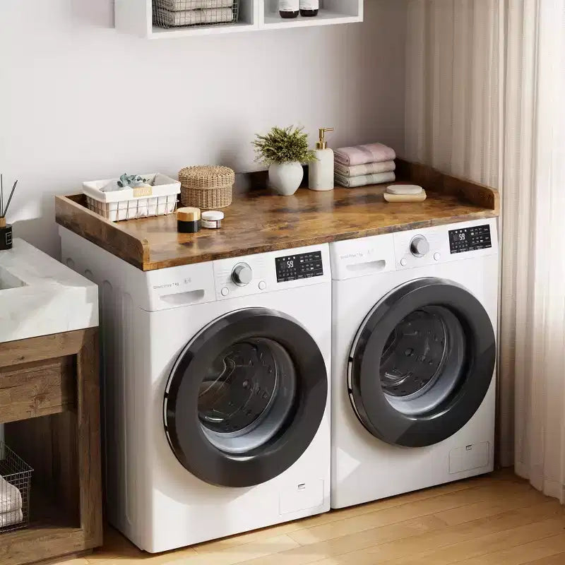 Aanrechtblad voor wasmachine en droger, wasruimteblad met opstaande rand en antislipmat voor opbergruimte voor wasmanden en organisatie van de wasruimte