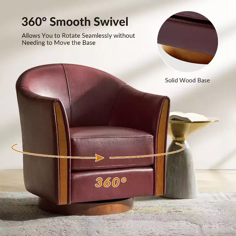 Juego de 2 sillones giratorios tipo barril Pocono de cuero genuino, de estilo transicional, con base de madera maciza, Artful Living Design