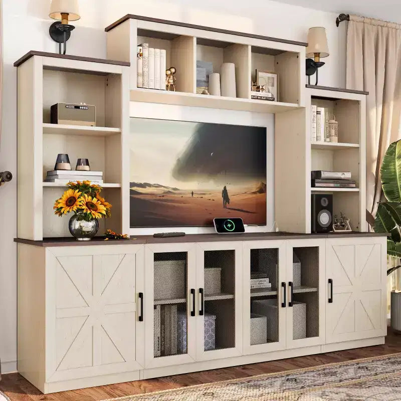 Modern TV-szekrény 55 hüvelykes TV-hez töltőállomással, nagy tárolószekrényekkel ellátott médiakonzol, nappaliba való szórakoztatóközpont-Panipeachy