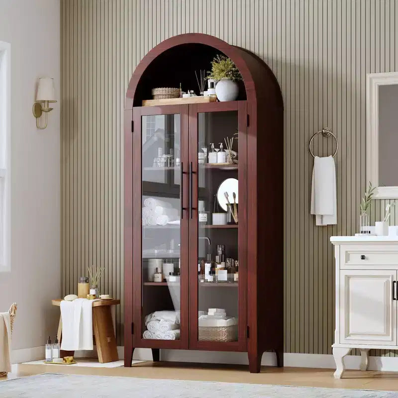 Tall Arched Storage Cabinet with Glass Doors, 5-Tier Display Bookcase with Adjustable Shelves for Kitchen or Living Room