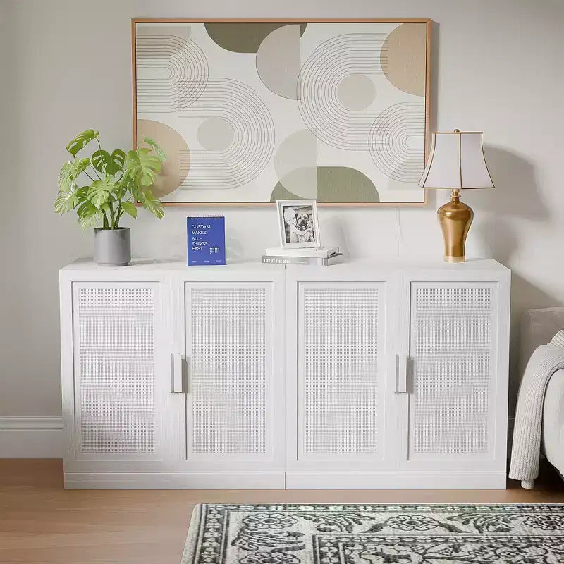Set da 3 credenze contenitore con ante in rattan e ripiani regolabili - 93Lx31H