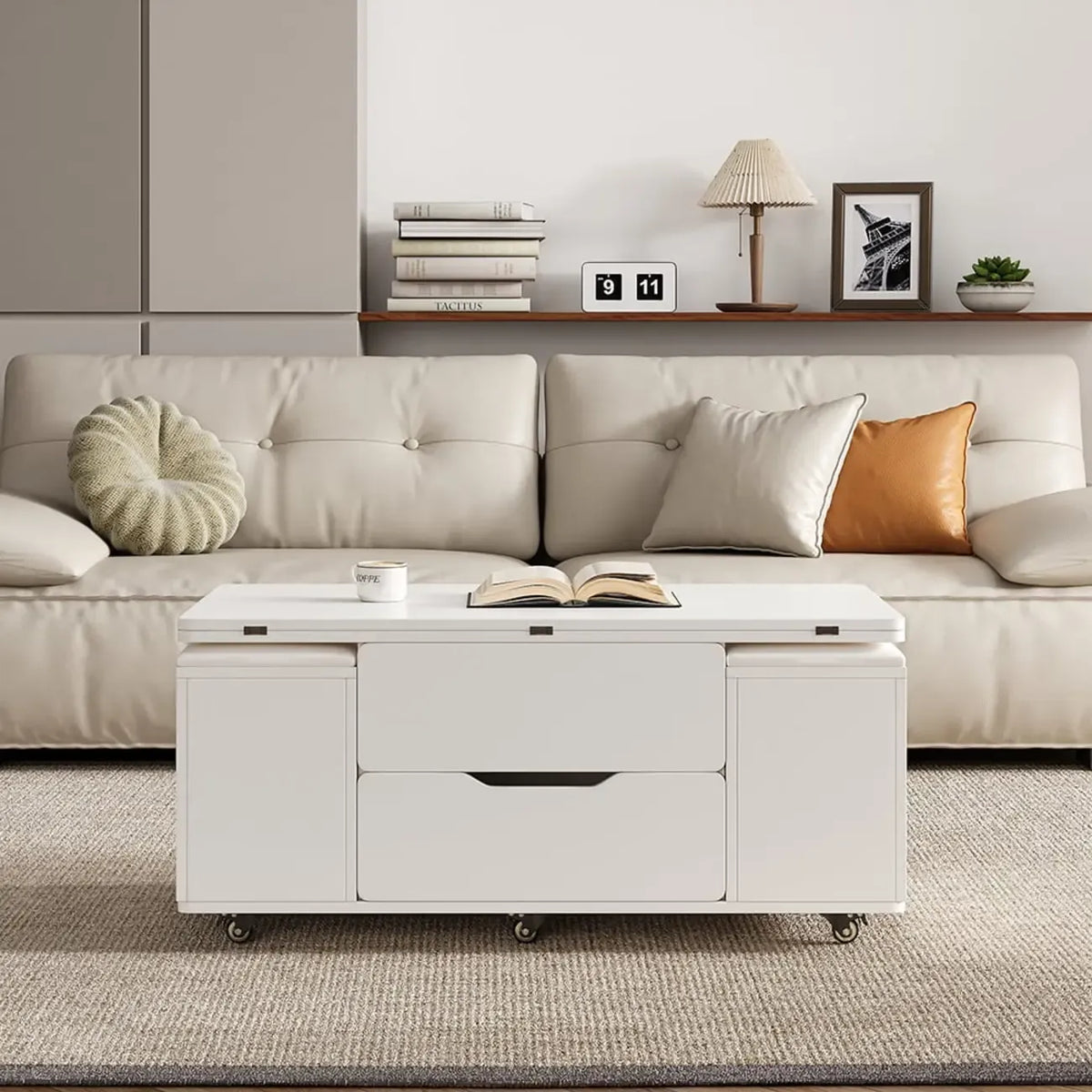 Klappbarer Couchtisch mit Hubfunktion, 4 Hockern und Stauraum