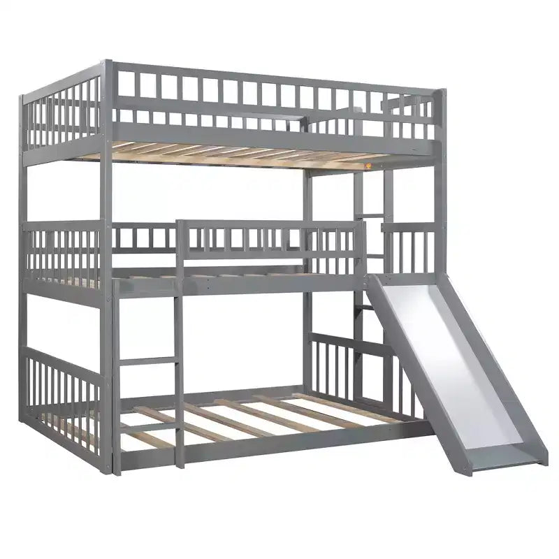Stapelbed voor drie personen, full-over-full, met ombouwbare ladder en glijbaan, driepersoonsbed met valbeveiliging, wit/grijs/espresso - ModernLuxe