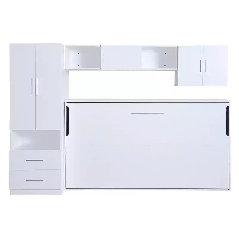 Lit escamotable mural une place, cadre en bois avec armoire intégrée, tiroirs de rangement et étagères ouvertes, blanc -ModernLuxe