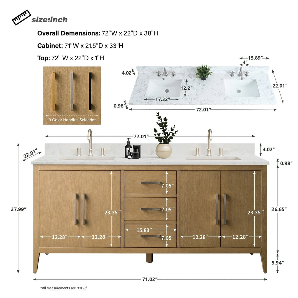 Vanity Art 72 badkamermeubel met dubbele wastafel en blad van composietmarmer