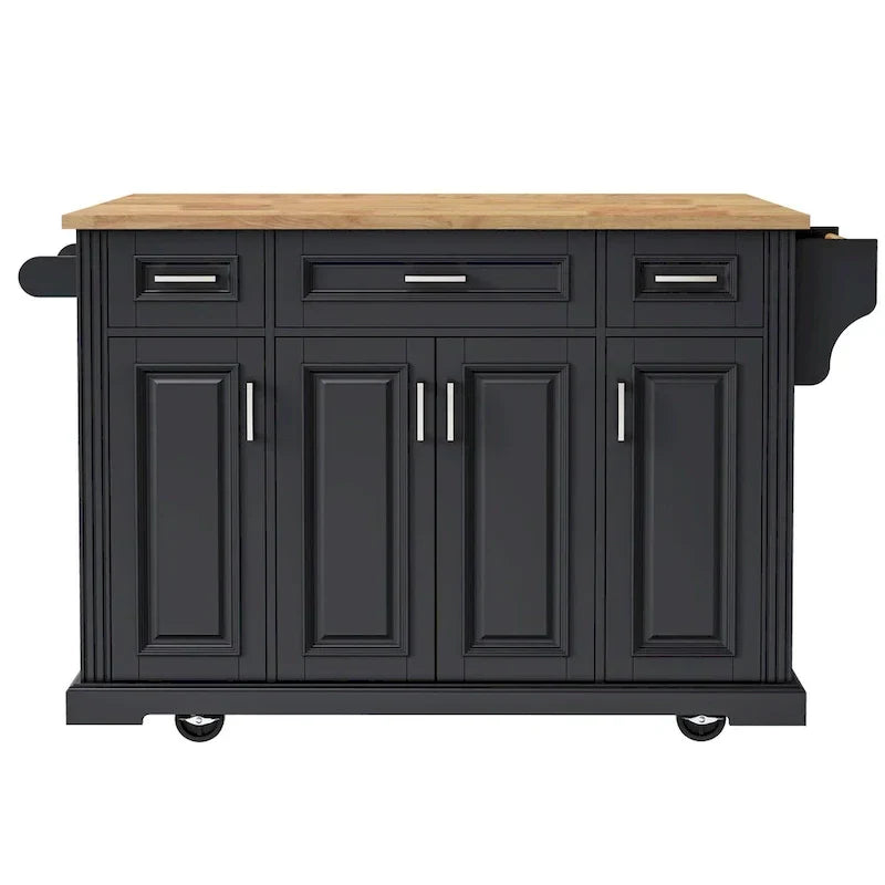54  Large Kitchen Island with Rubber Wood Drop Leaf, Embossed Texture Rolling Kitchen Cart on 4 Wheels with 4 Doors & 3 Drawers
