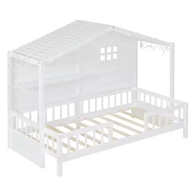 Twin Size House Bed with Storage Shelves and Rails, Wood Kids Montessori Bed Frame with Window and Sparkling Light Strip