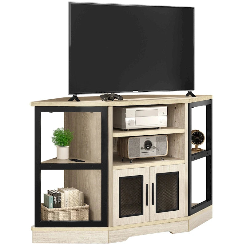 Meuble TV d’angle de style maison de campagne, centre de divertissement et console multimédia pour téléviseurs jusqu’à 55 po, avec prise électrique