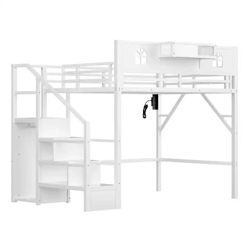 ModernLuxe Full/Queen Loft Bed with Stairs & Built-in Wardrobe, Metal Bed Frame with LED Lights, USB Charging Station & Storage Shelves