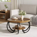 Table basse ronde industrielle de 30 pouces à 2 niveaux avec pieds réglables, étagère effet bois, motif de flammes, montage facile, salon